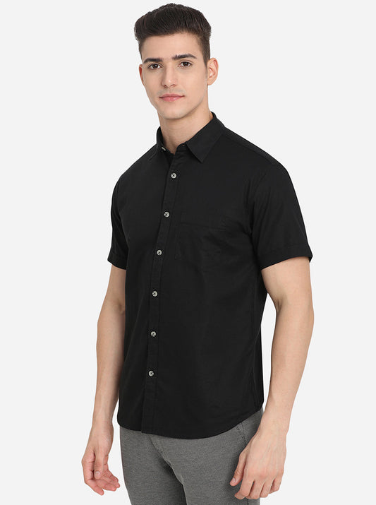 Jet Black Solid Slim Fit Semi Casual Shirt | Greenfibre