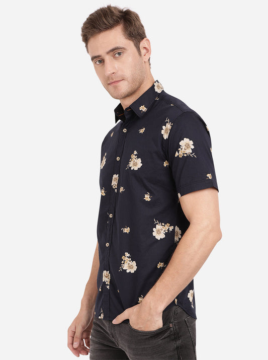 Night Blue Printed Slim Fit Semi Casual Shirt | Greenfibre