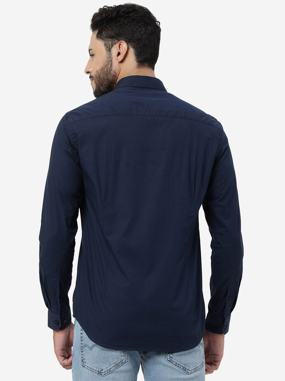 Navy Blue Solid Smart Fit Semi Casual Shirt | Greenfibre