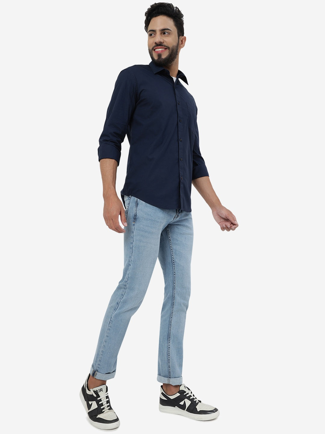 Navy Blue Solid Smart Fit Semi Casual Shirt | Greenfibre