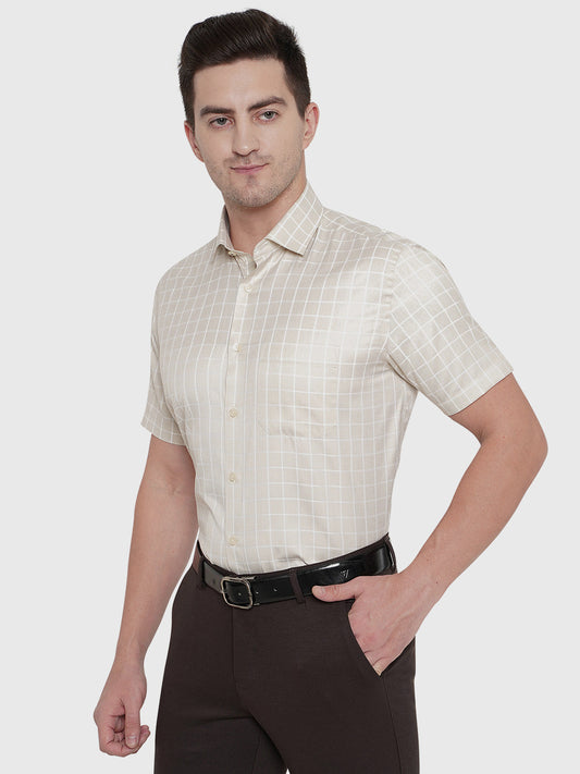 Beige Checked Slim Fit Formal Shirt | Greenfibre