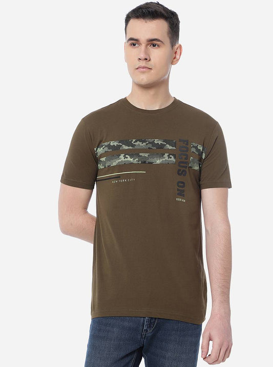 Olive Brown Printed Slim Fit T-Shirt | Greenfibre
