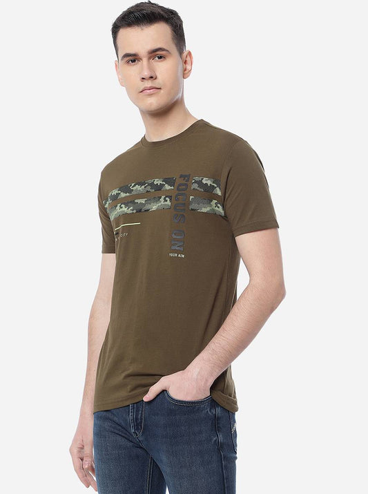 Olive Brown Printed Slim Fit T-Shirt | Greenfibre