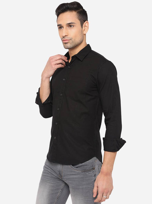 Jet Black Solid Slim Fit Semi Casual Shirt | Greenfibre