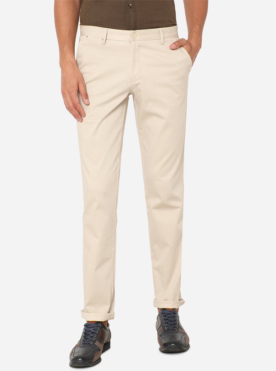 Cream Printed Slim Fit Casual Trouser | Greenfibre