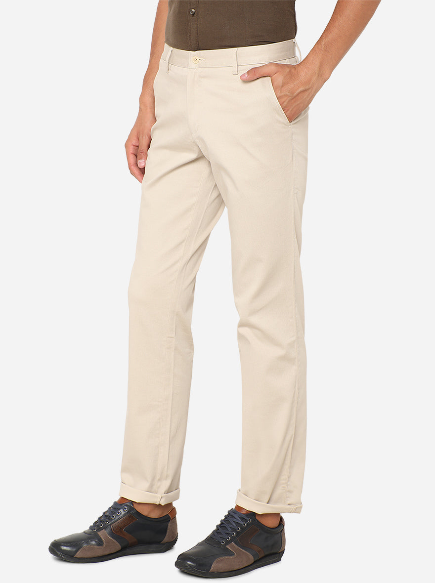 Cream Printed Slim Fit Casual Trouser | Greenfibre