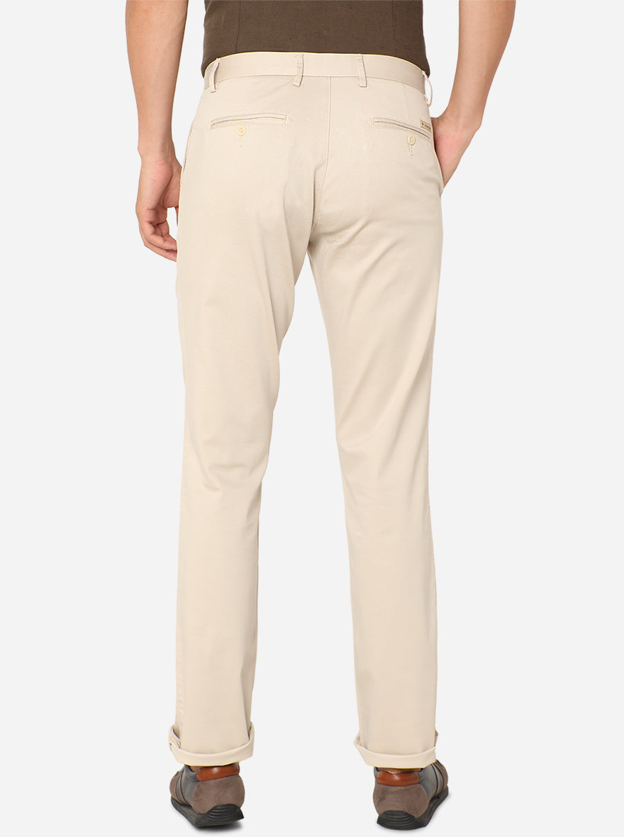 Cream Printed Slim Fit Casual Trouser | Greenfibre