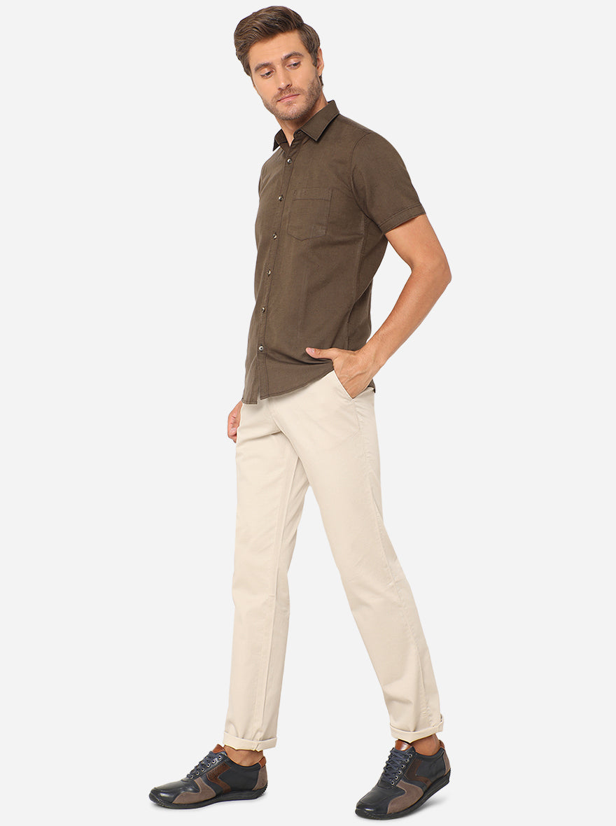 Cream Printed Slim Fit Casual Trouser | Greenfibre