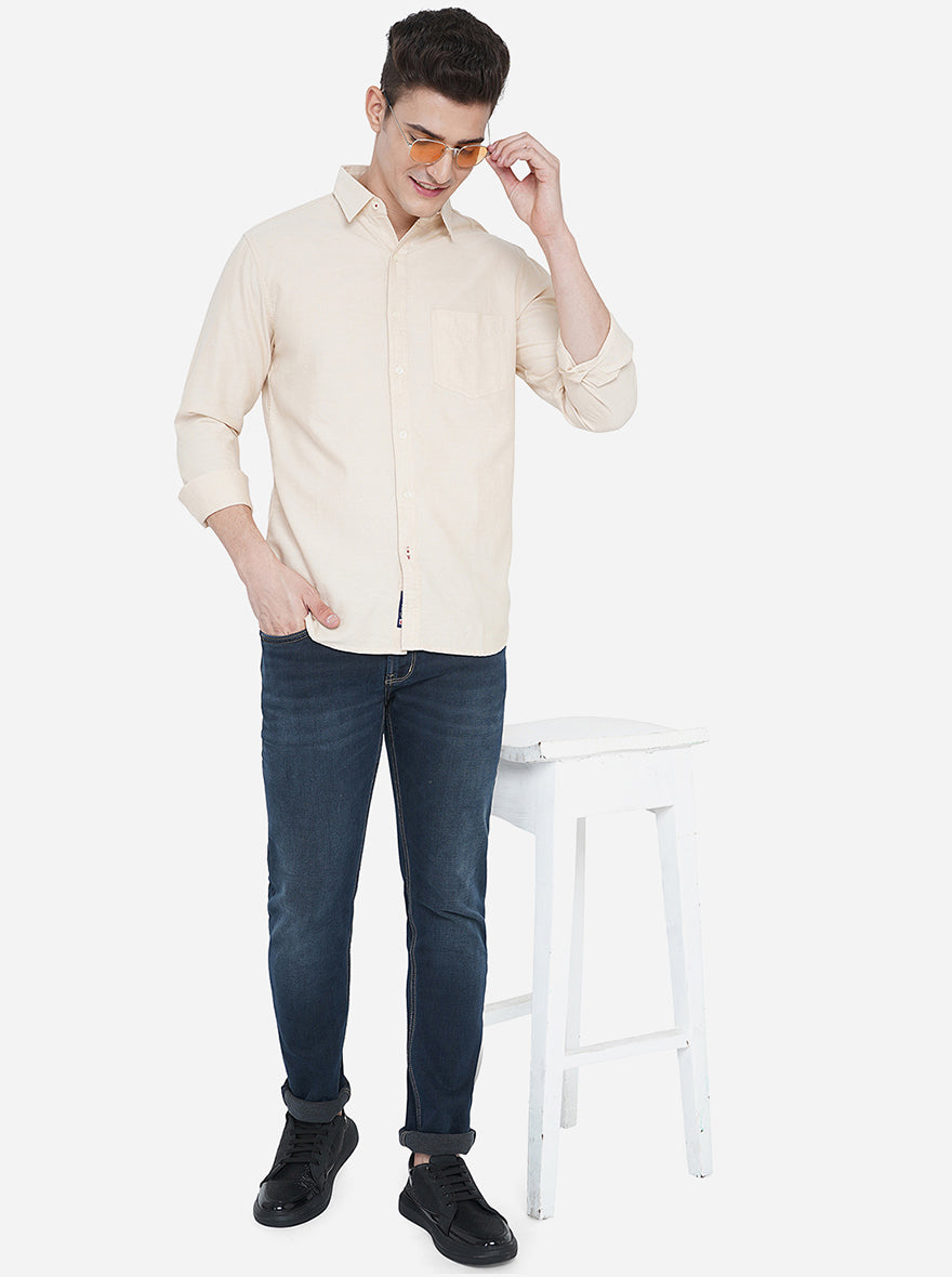 Beige Solid Slim Fit Semi Casual Shirt | Greenfibre