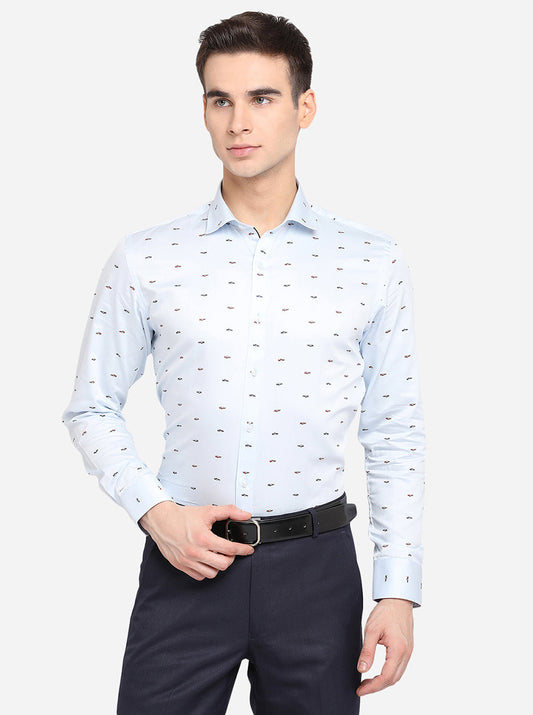 Sky Blue Printed Slim Fit Party Wear Shirt | Greenfibre
