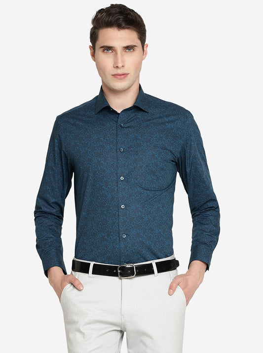 Blue & Black Printed Slim Fit Formal Shirt | Greenfibre