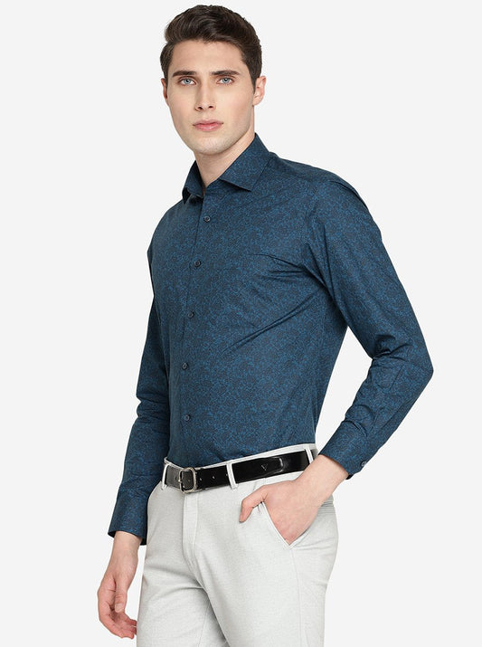 Blue & Black Printed Slim Fit Formal Shirt | Greenfibre