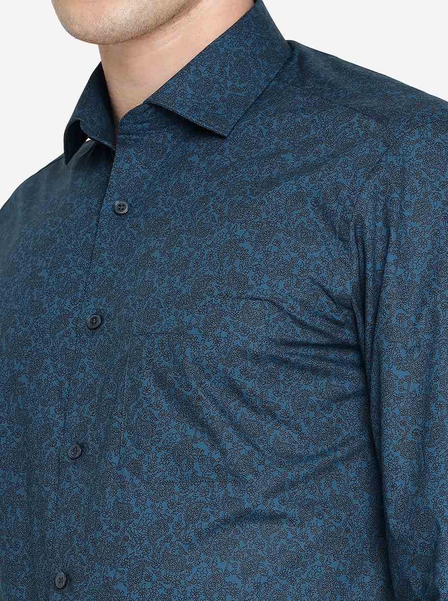 Blue & Black Printed Slim Fit Formal Shirt | Greenfibre