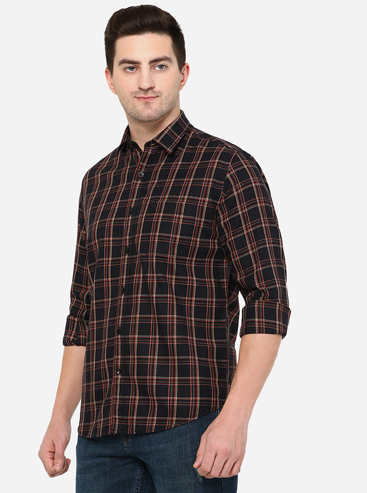Black & Orange Checked Slim Fit Casual Shirt | Greenfibre