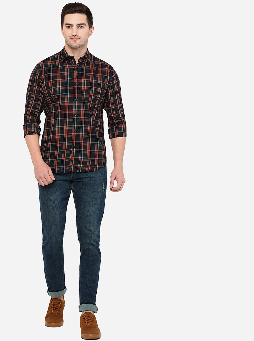 Black & Orange Checked Slim Fit Casual Shirt | Greenfibre