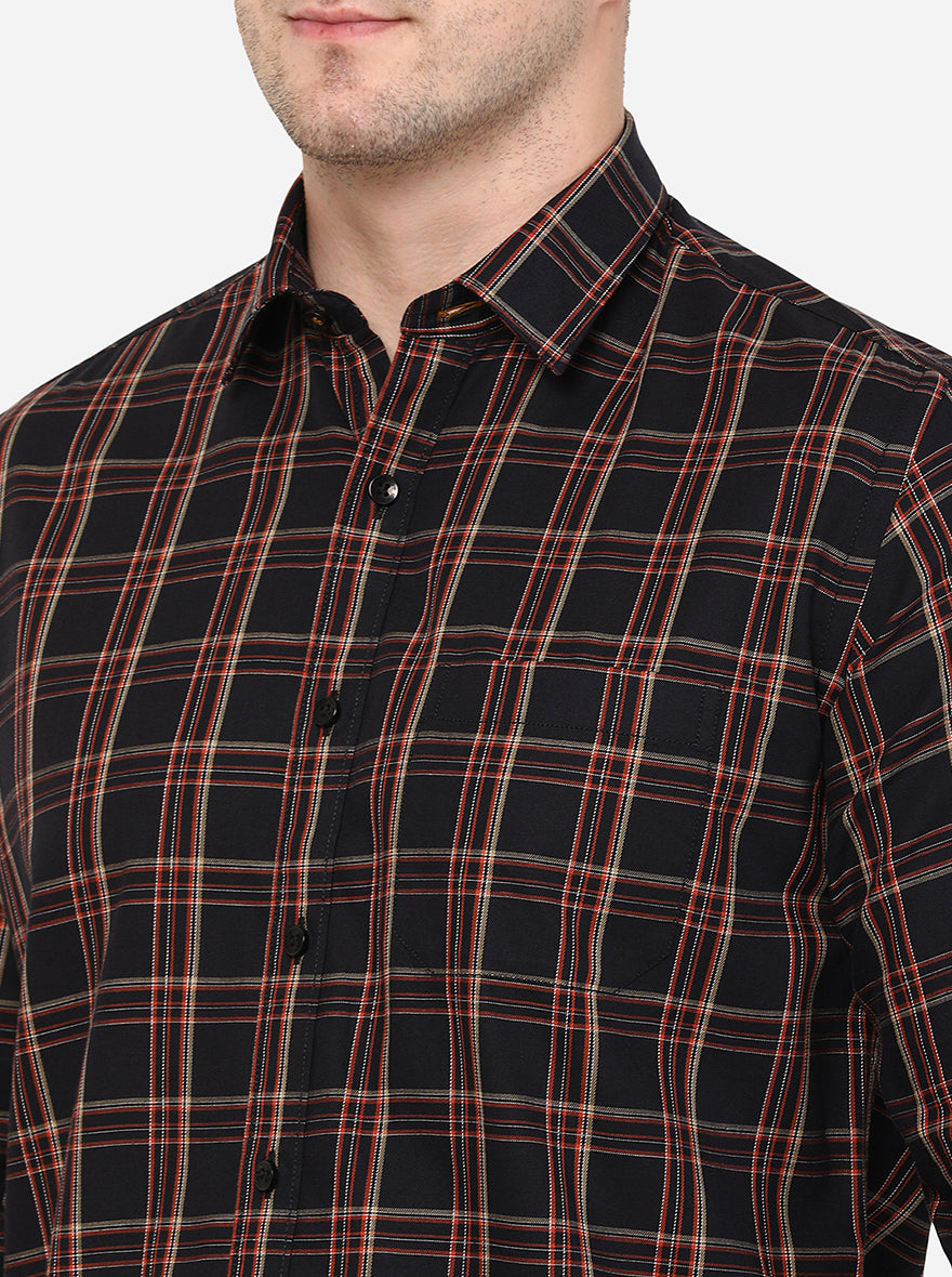 Black & Orange Checked Slim Fit Casual Shirt | Greenfibre