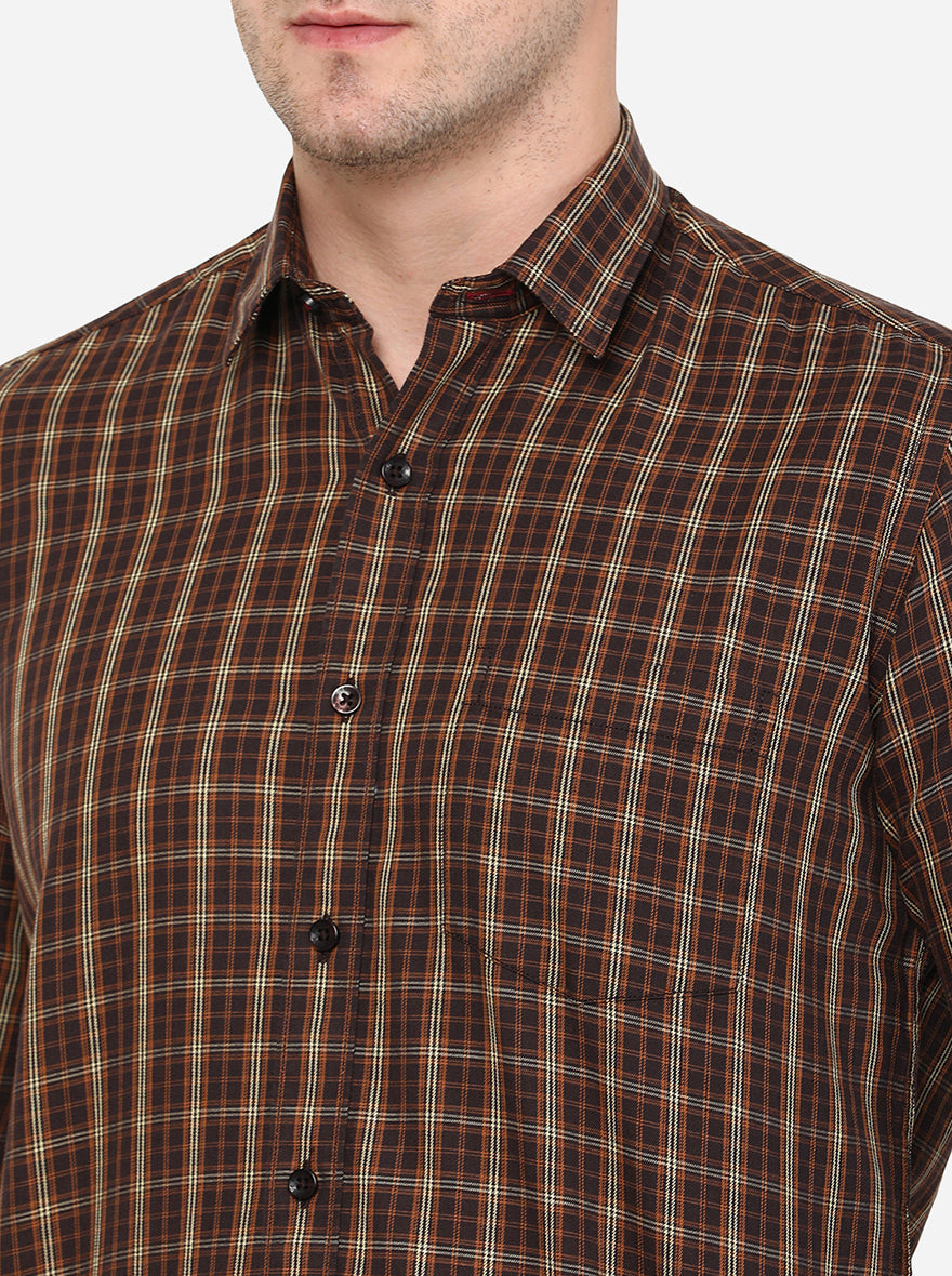 Brown Checked Slim Fit Casual Shirt | Greenfibre