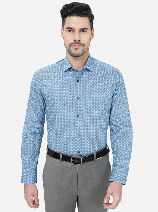 Blue Printed Slim Fit Formal Shirt | Greenfibre