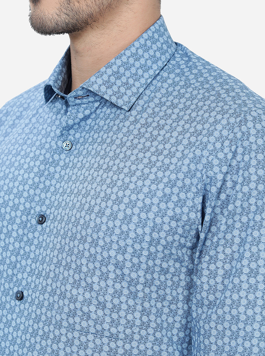 Blue Printed Slim Fit Formal Shirt | Greenfibre