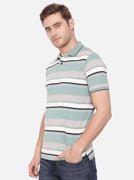 Grey & Green Striped Slim Fit Polo T-Shirt | Greenfibre