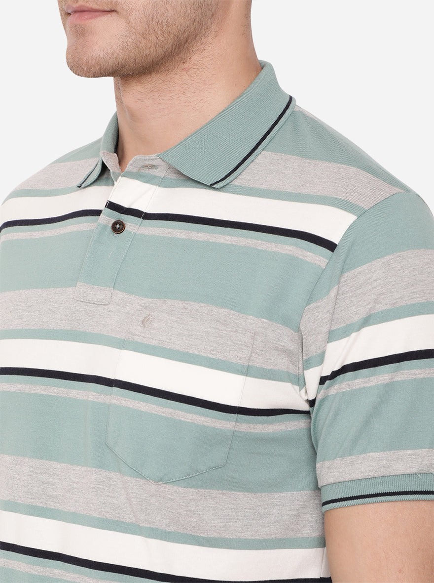 Grey & Green Striped Slim Fit Polo T-Shirt | Greenfibre