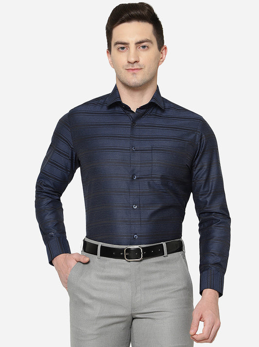 Navy Blue & Black Striped Slim Fit Formal Shirt | Greenfibre