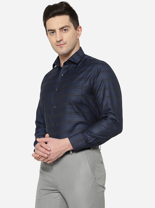 Navy Blue & Black Striped Slim Fit Formal Shirt | Greenfibre