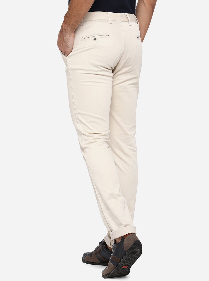 Cream Solid Super Slim Fit Casual Trouser | Greenfibre