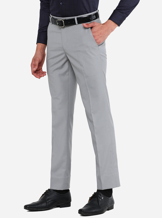 Light Grey Solid Slim Fit Formal Trouser | Greenfibre