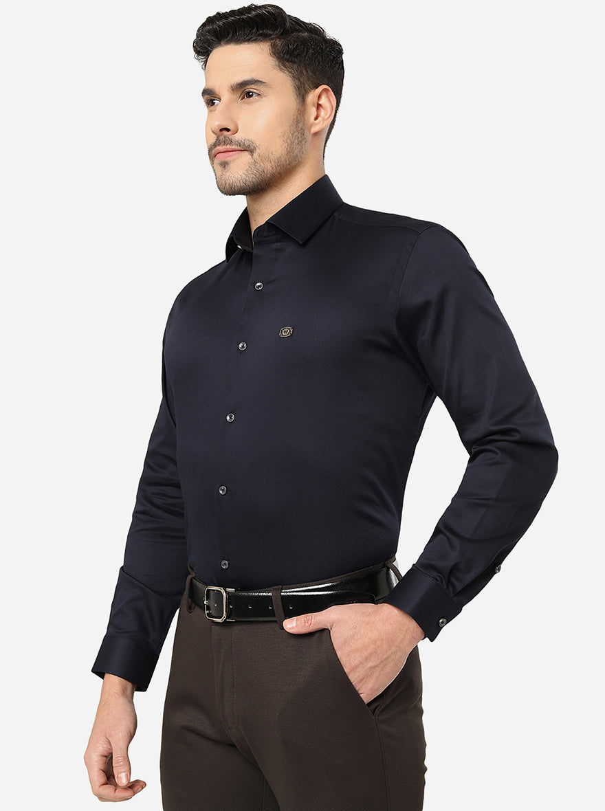 Navy Blue Solid Slim Fit Party Wear Shirt | Greenfibre