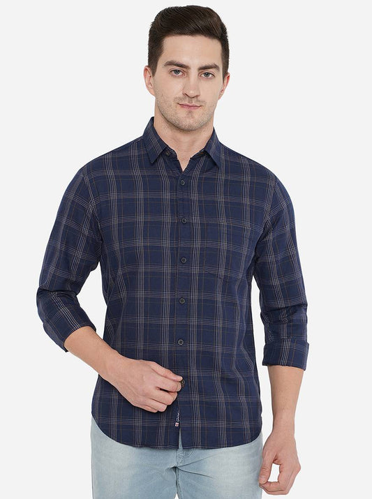 Navy Blue Checked Slim Fit Semi Casual Shirt | Greenfibre