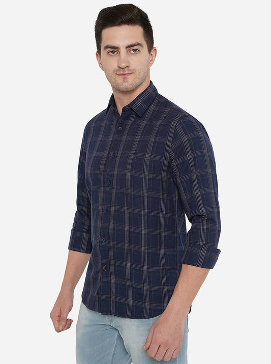 Navy Blue Checked Slim Fit Semi Casual Shirt | Greenfibre