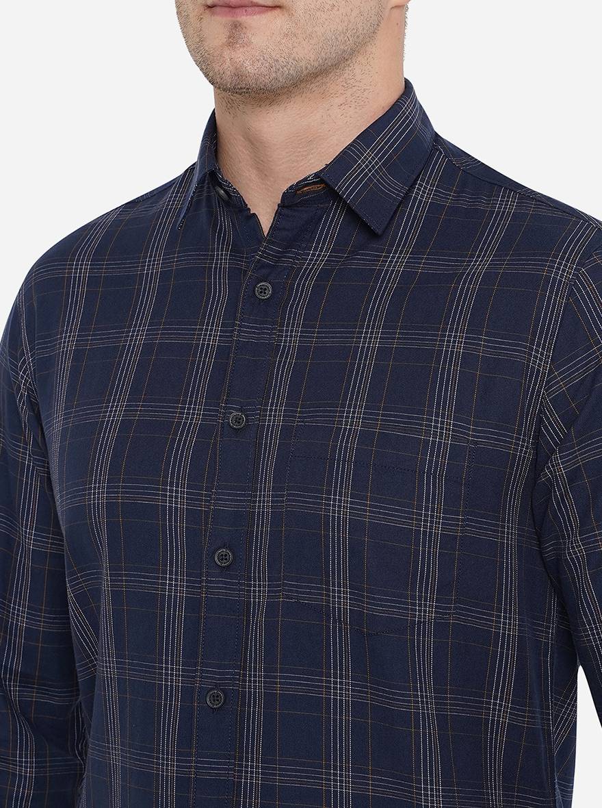 Navy Blue Checked Slim Fit Semi Casual Shirt | Greenfibre