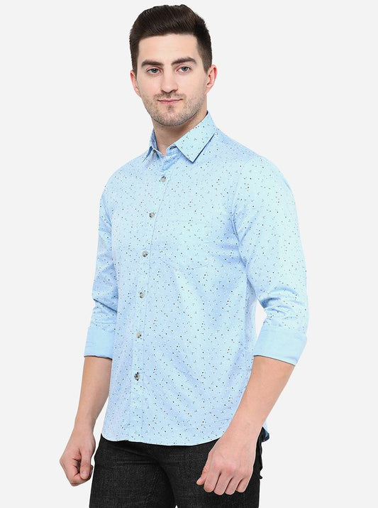 Light Blue Printed Slim Fit Semi Casual Shirt | Greenfibre