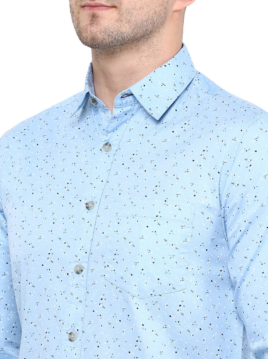 Light Blue Printed Slim Fit Semi Casual Shirt | Greenfibre