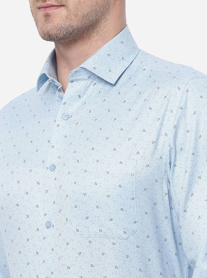 Sky Blue Printed Regular Fit Formal Shirt | Greenfibre