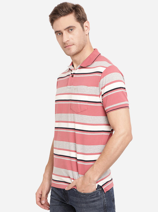 Rose Pink Striped Slim Fit Polo T-Shirt | Greenfibre