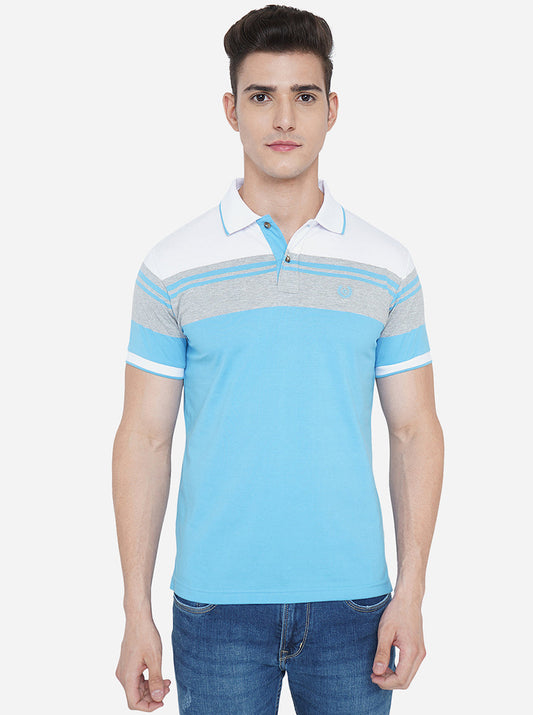 Sky Blue Striped Slim Fit Polo T-Shirt | Greenfibre
