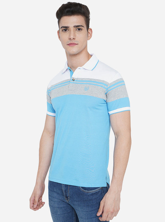 Sky Blue Striped Slim Fit Polo T-Shirt | Greenfibre
