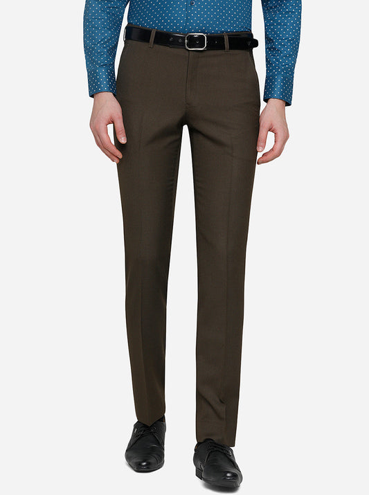 Brown Solid Slim Fit Formal Trouser | Greenfibre