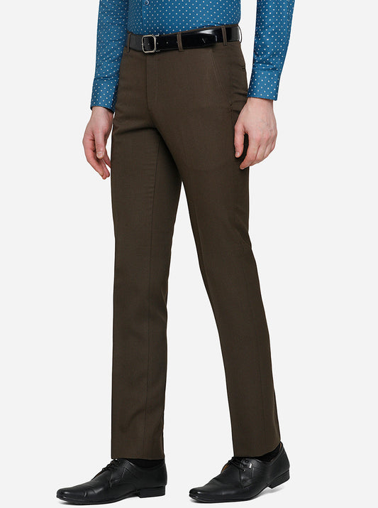 Brown Solid Slim Fit Formal Trouser | Greenfibre