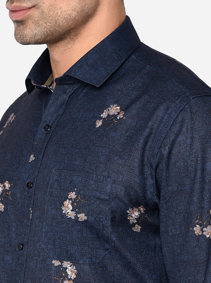 Navy Blue Printed Slim Fit Party Wear Shirt | Greenfibre