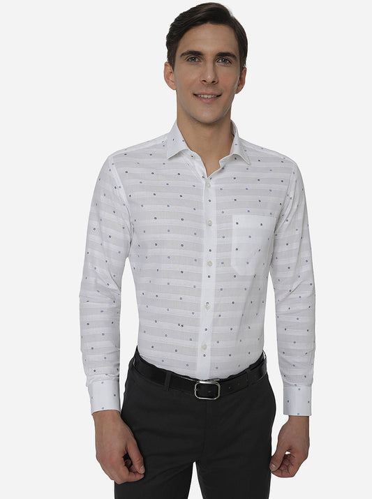 White & Blue Printed Slim Fit Formal Shirt | Greenfibre
