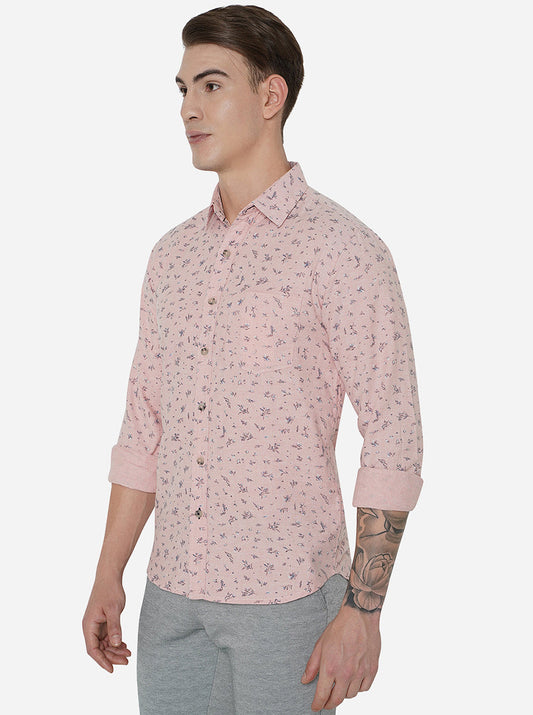 Light Pink Printed Slim Fit Semi Casual Shirt | Greenfibre