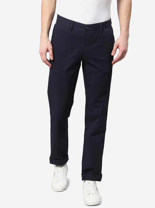 Navy Blue Solid Slim Fit Casual Trouser | Greenfibre