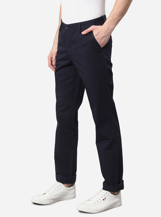 Navy Blue Solid Slim Fit Casual Trouser | Greenfibre