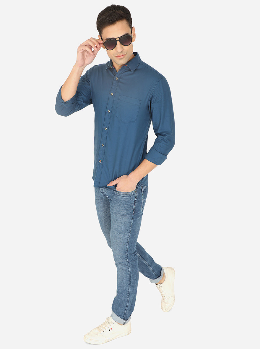 Dark Blue Solid Slim Fit Semi Casual Shirt | Greenfibre