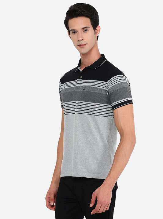 Caster Grey Striped Slim Fit Polo T-Shirt | Greenfibre