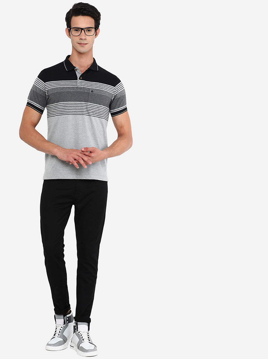 Caster Grey Striped Slim Fit Polo T-Shirt | Greenfibre