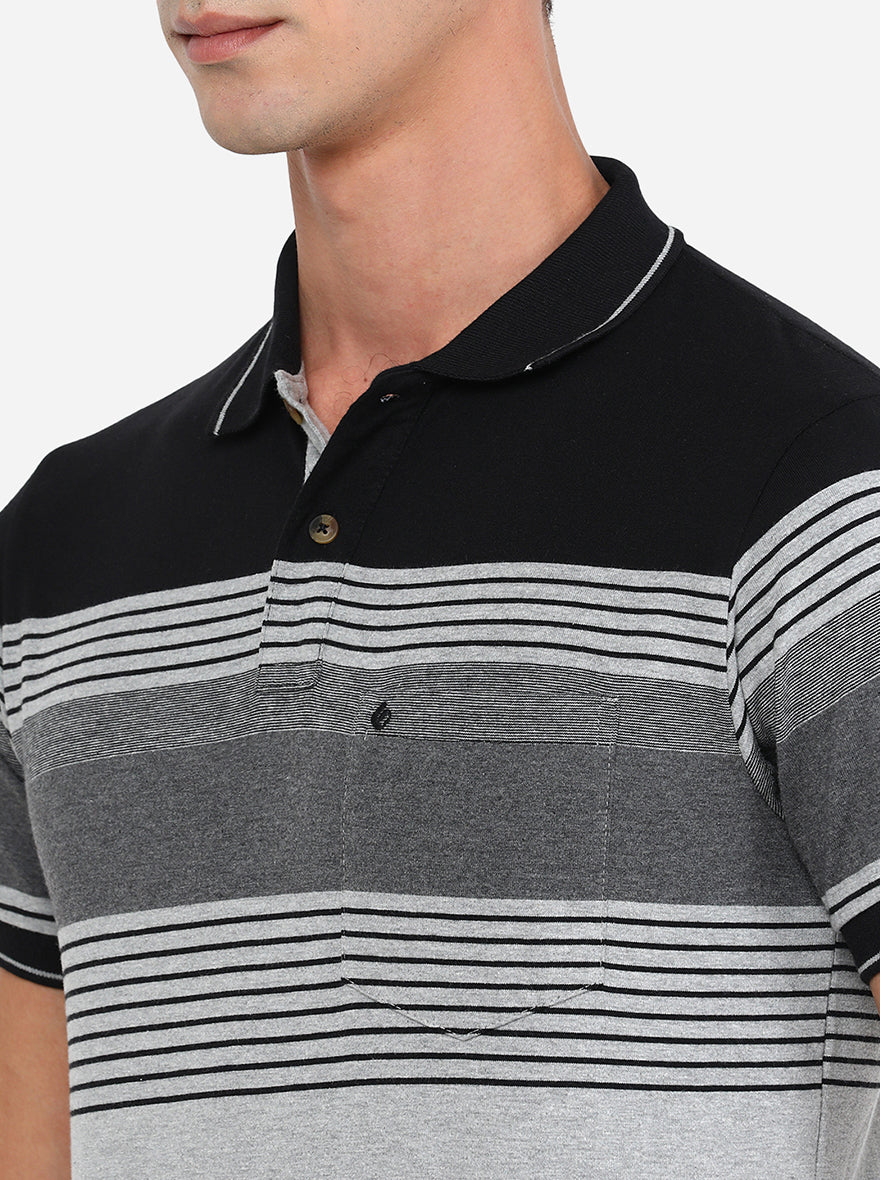 Caster Grey Striped Slim Fit Polo T-Shirt | Greenfibre